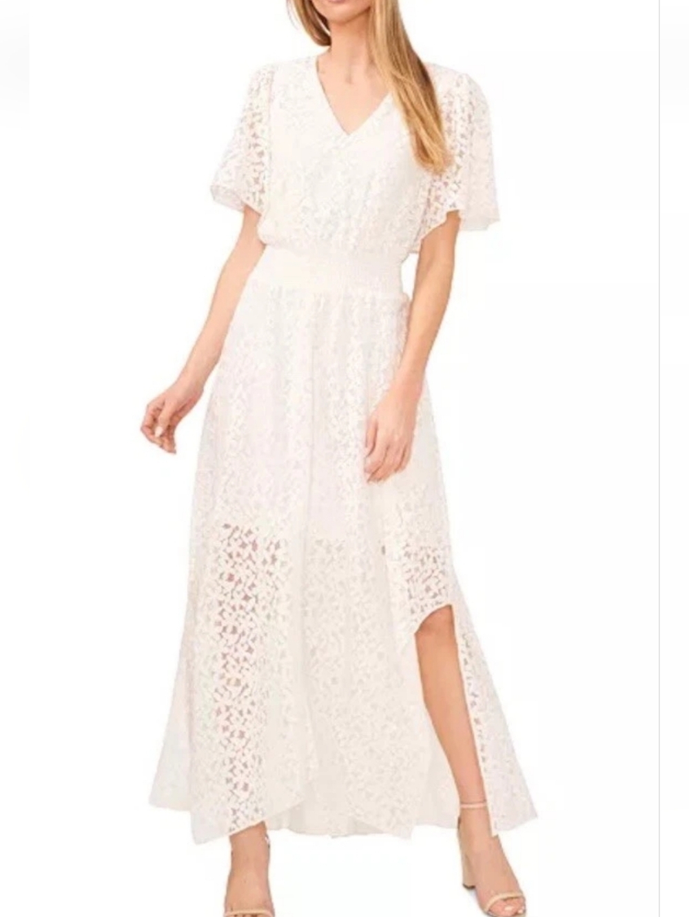 🦋CeCe Ivory Lace V-Neck Maxi Dress with Flutter Sleeves